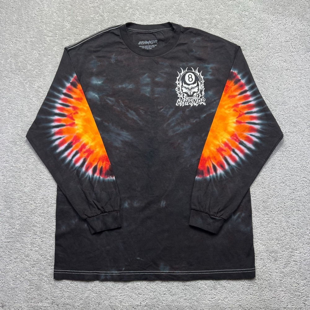 8THWNDR Shirt Mens XL Black Orange Tie Dye Long Sleeve 8 Ball Skull Graphic